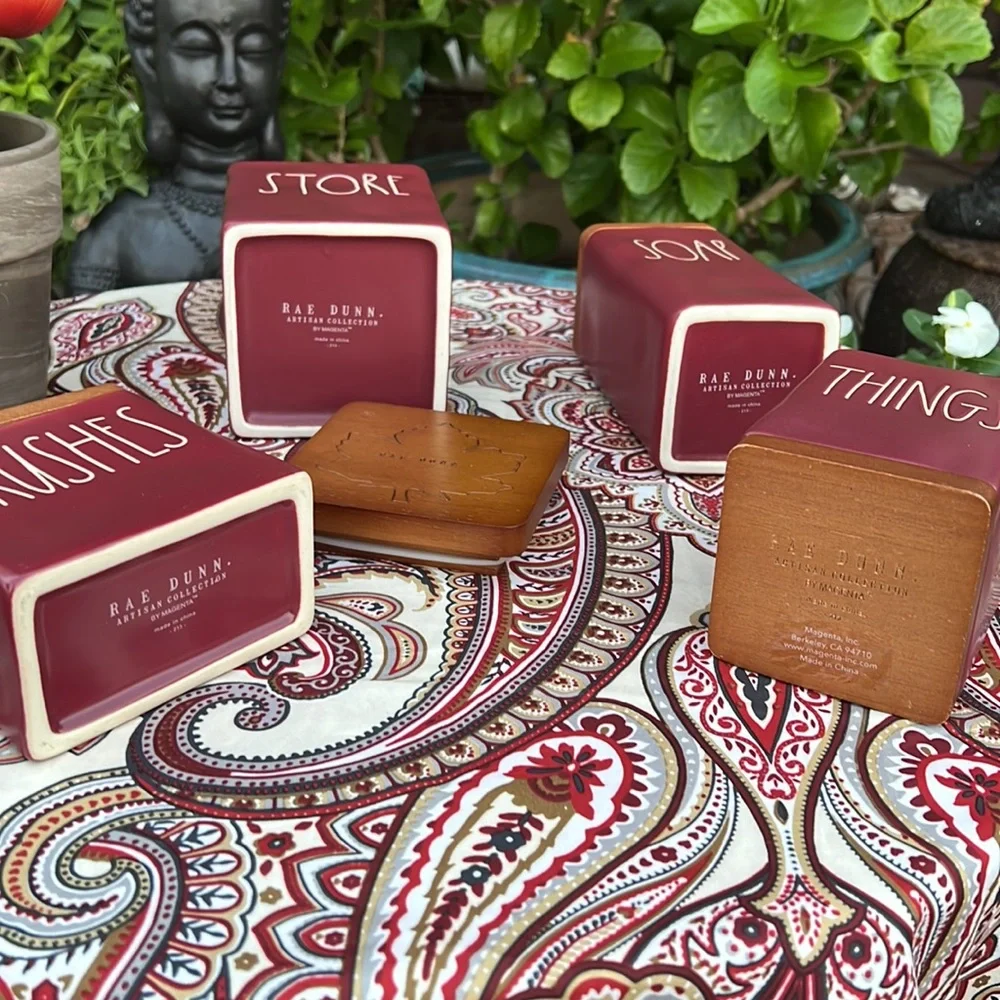 New Rae Dunn Burgundy Bathroom Toiletries 4 Piece Accessories Set